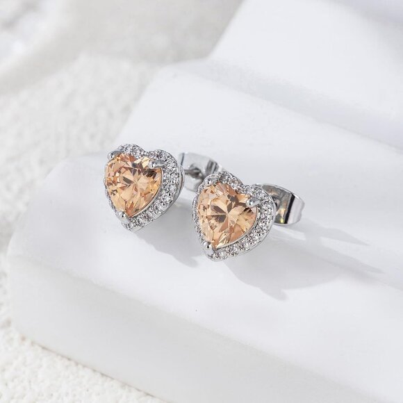 Women's Heart Tan Elegant Mall Dainty Halo Birthstone Cubic Zirconia Earring - Picture 5 of 6